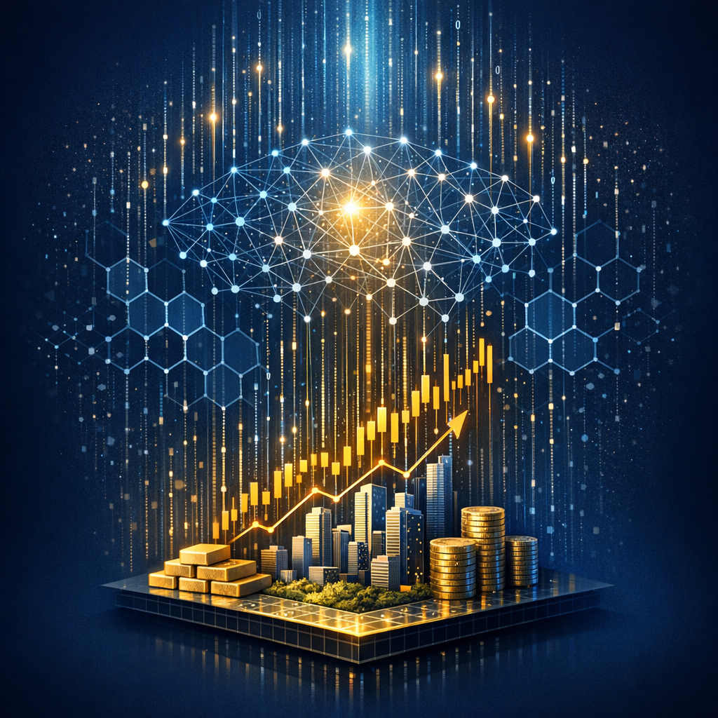 Abstract economic growth visualization with layered foundations, rising data streams, blockchain patterns, and AI network elements in navy blue and gold