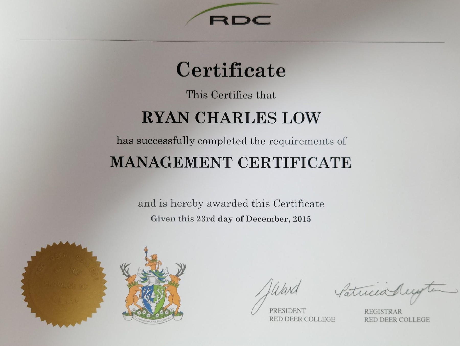 Management Certificate — Red Deer College, Ryan Charles Low